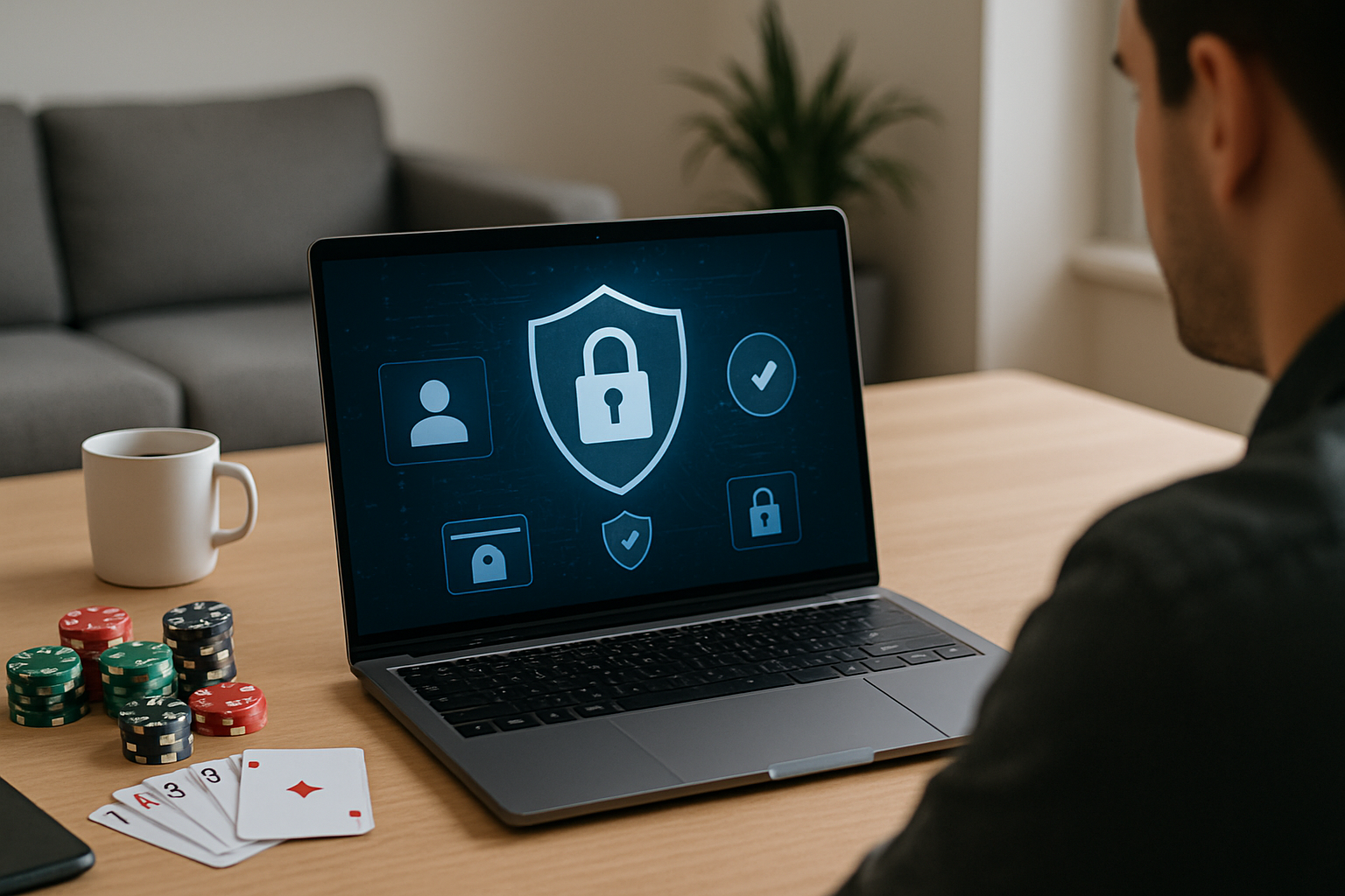 Laptop con elementi grafici astratti che richiamano privacy e sicurezza dei dati nel gioco online