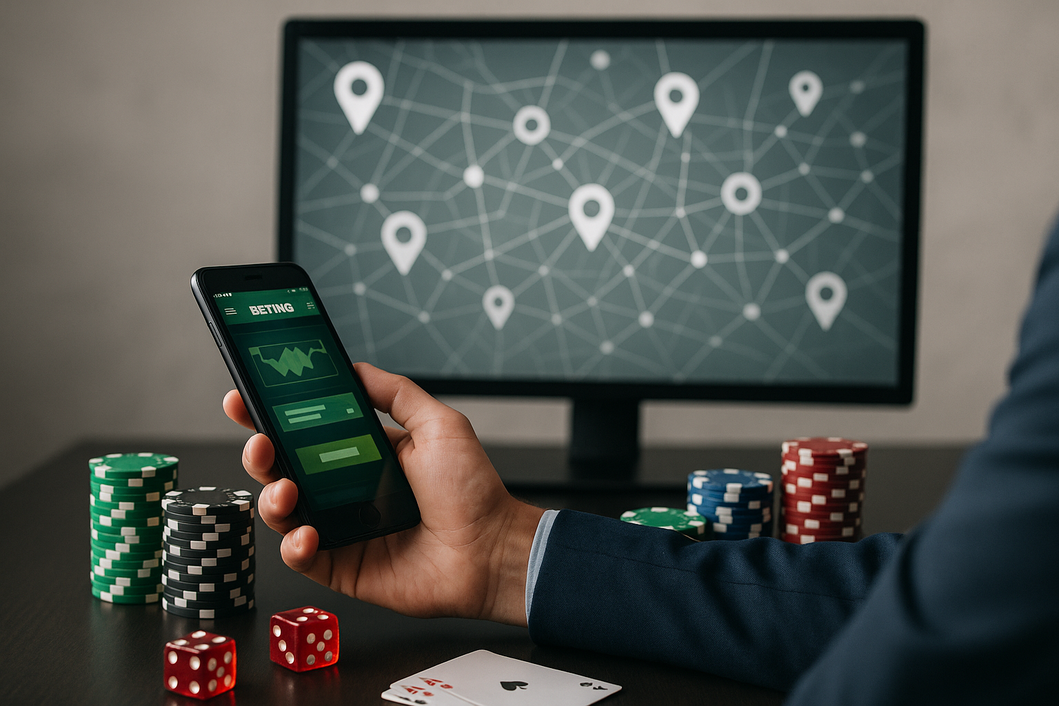 Mappa digitale astratta che rappresenta controlli territoriali e geolocalizzazione nei casinò online