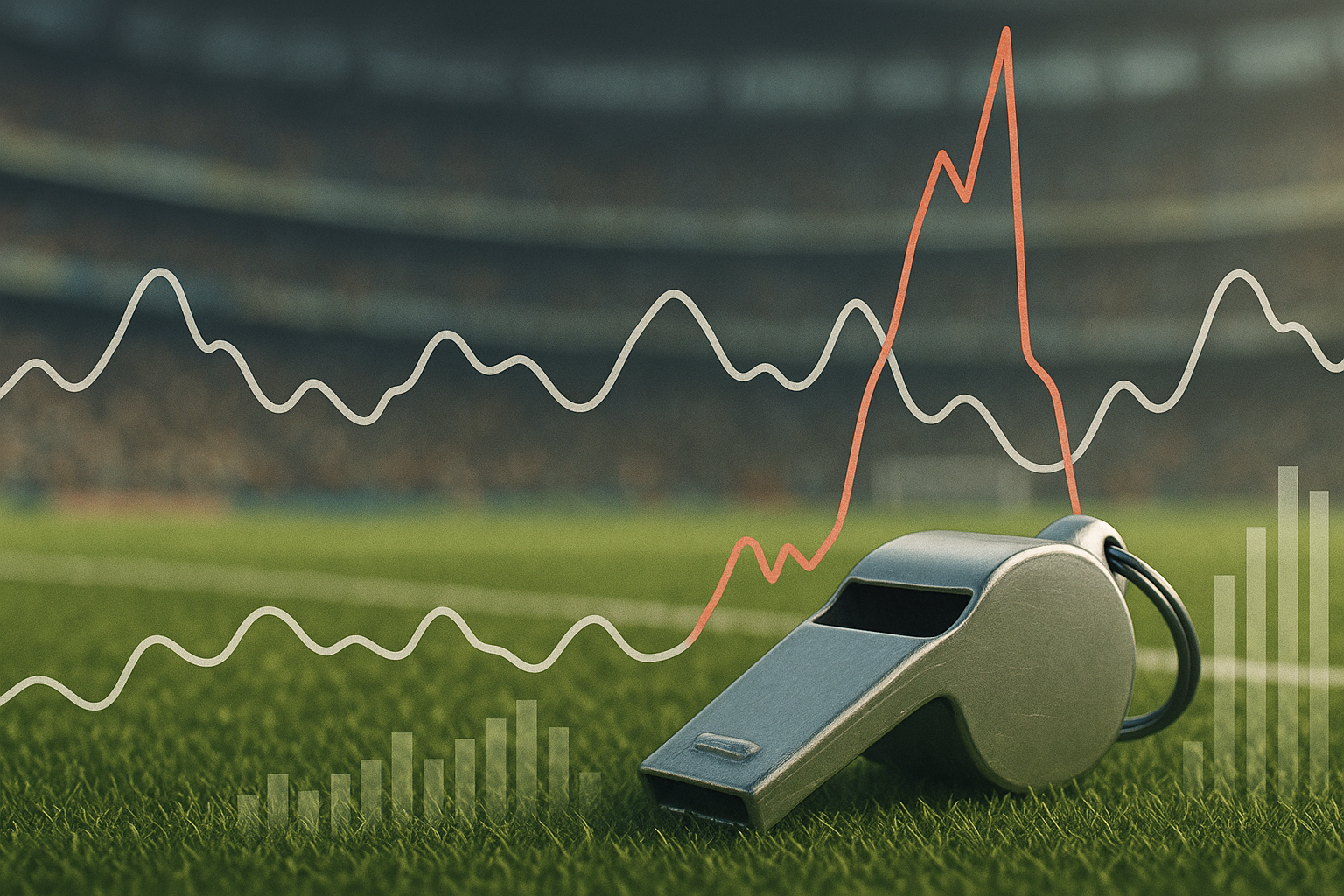 Rappresentazione concettuale del match fixing con campo sportivo e andamento anomalo delle quote