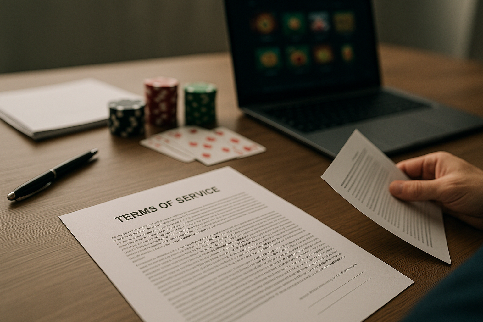 Documenti contrattuali e tastiera su una scrivania, concetto di termini di servizio nel gioco online