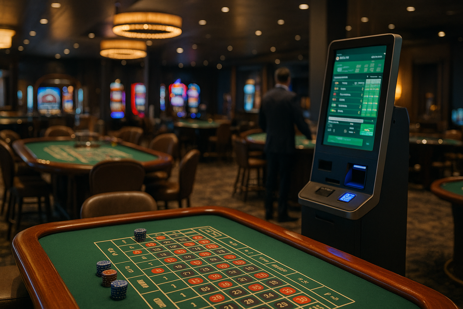 Sala di casinò terrestre moderna con tavoli da gioco e soluzioni digitali per servizi e pagamenti