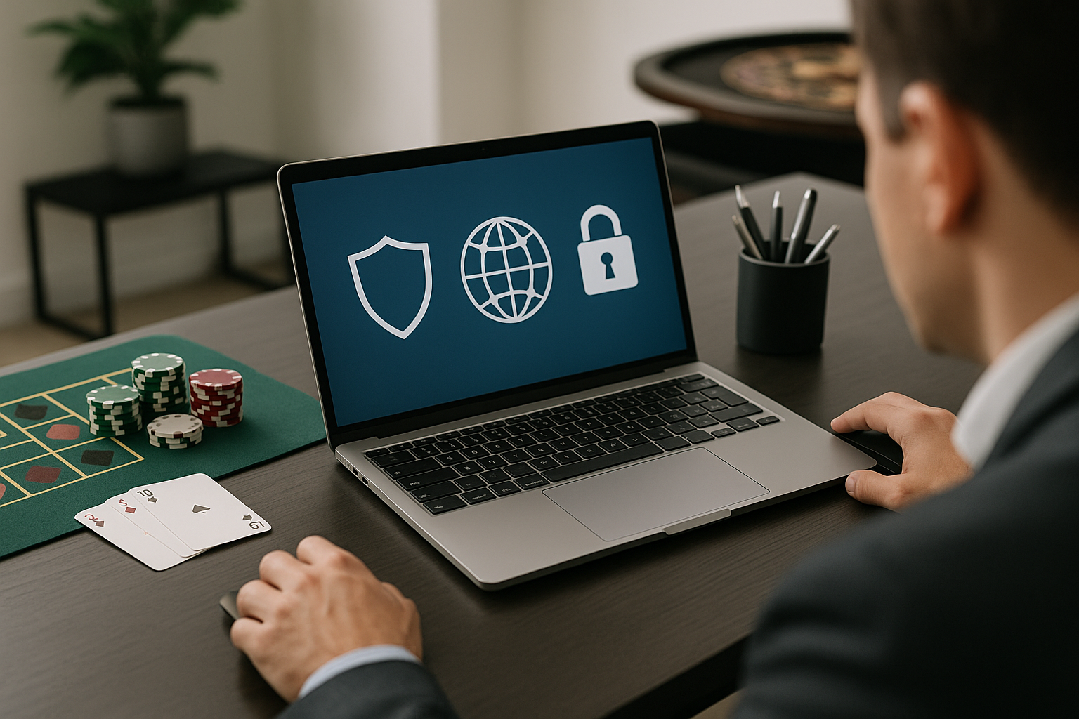 Laptop con simboli di sicurezza digitale a rappresentare il contrasto al gioco online illegale